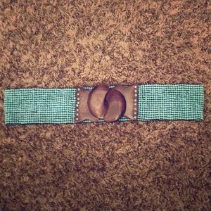 Turquoise beaded belt with wooden hooks